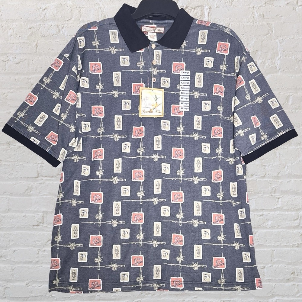 Paradise Blue Polo Shirt Size‎ Men's 2XL Black Fade Fishing Design Classic NWT